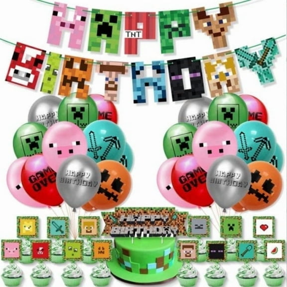 Minecraft themed birthday banner balloon party decorations