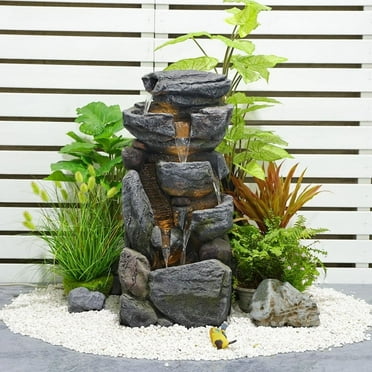 Rock Water Fountain Outdoor 6-Tiers Waterfall Fountain with LED Lights for Garden, Living Room, Patio, Home Decor
