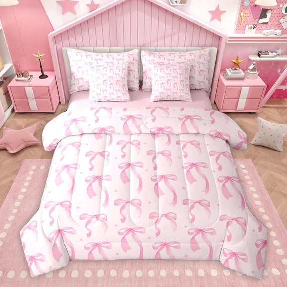 Homewish Girly Pink Ribbon Twin Bedding Sets 7-Piece for Kids, Chic Polkadot Bedding Comforter Set, Princess Cartoon Theme Reversible Sheet Sets, Breathable Home Decor