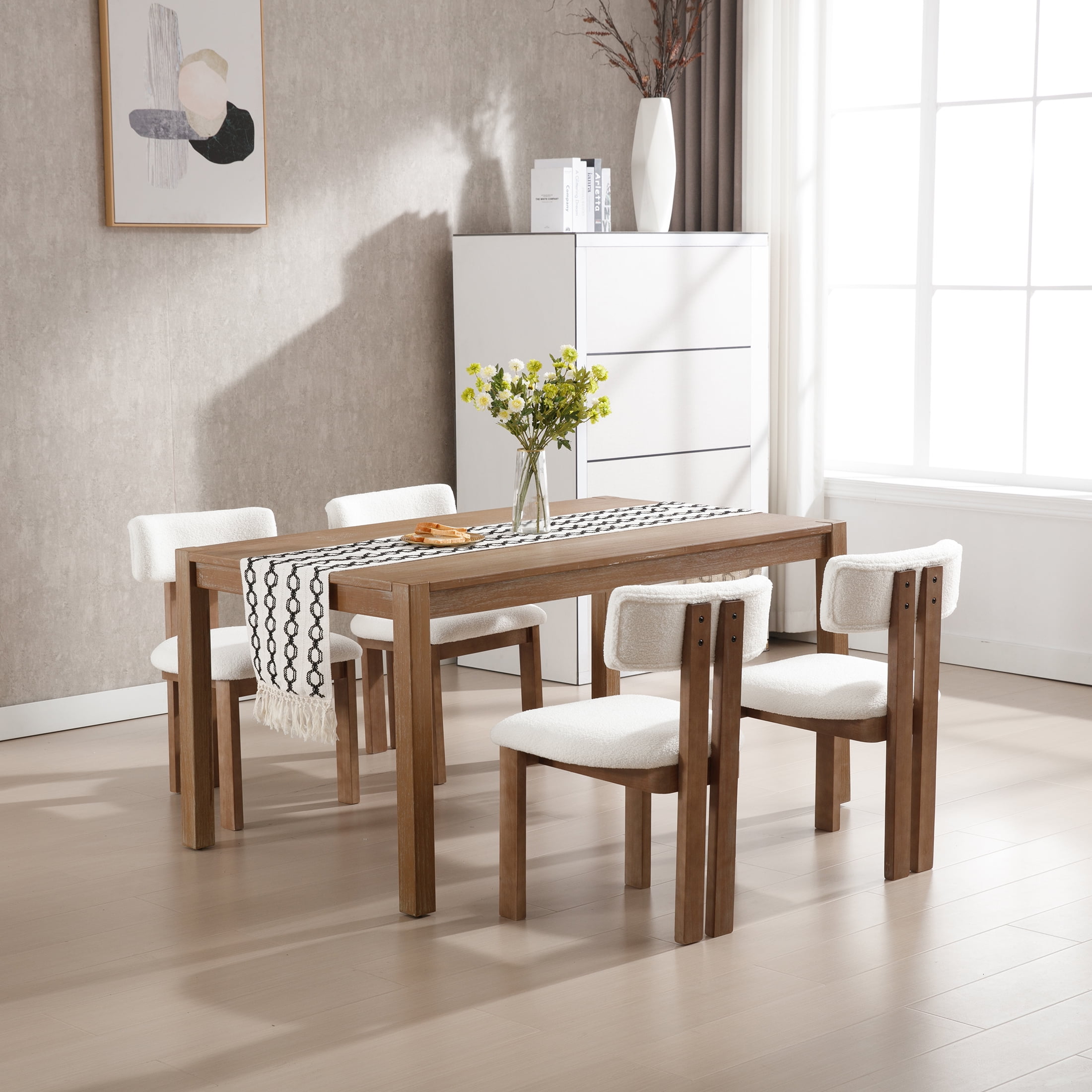 Guyou Wooden Dining Chairs Set of 2, Mid Century Modern Sherpa Upholstered Dining Side Chairs, Farmhouse Kitchen Chairs with Curved Back for Kitchen Dining Room Living Room, White