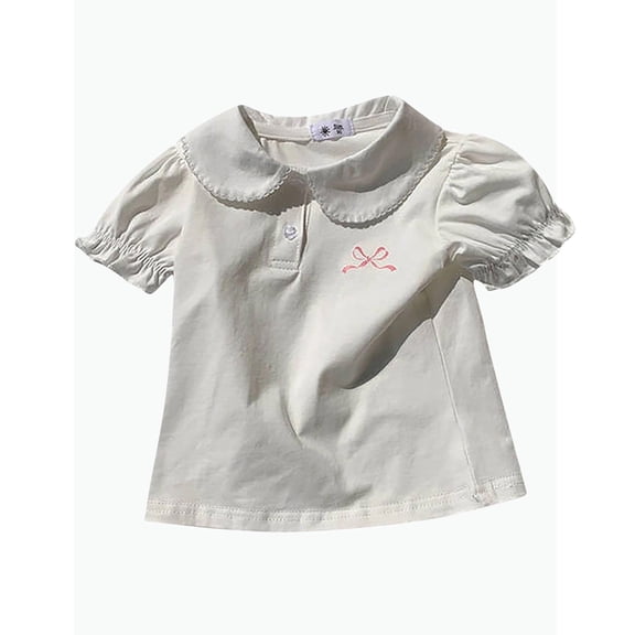 REDARER Girls Flutter Collar Puff Sleeve Polo Top Bow Embroidered Solid Cute Casual Summer Tee,2-3 Years