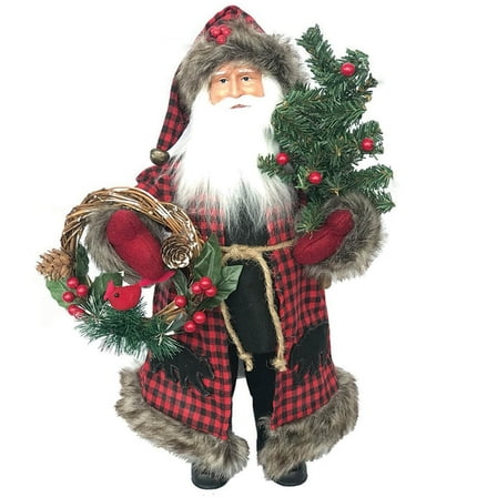 15" Plaid Black Bear Santa - Red