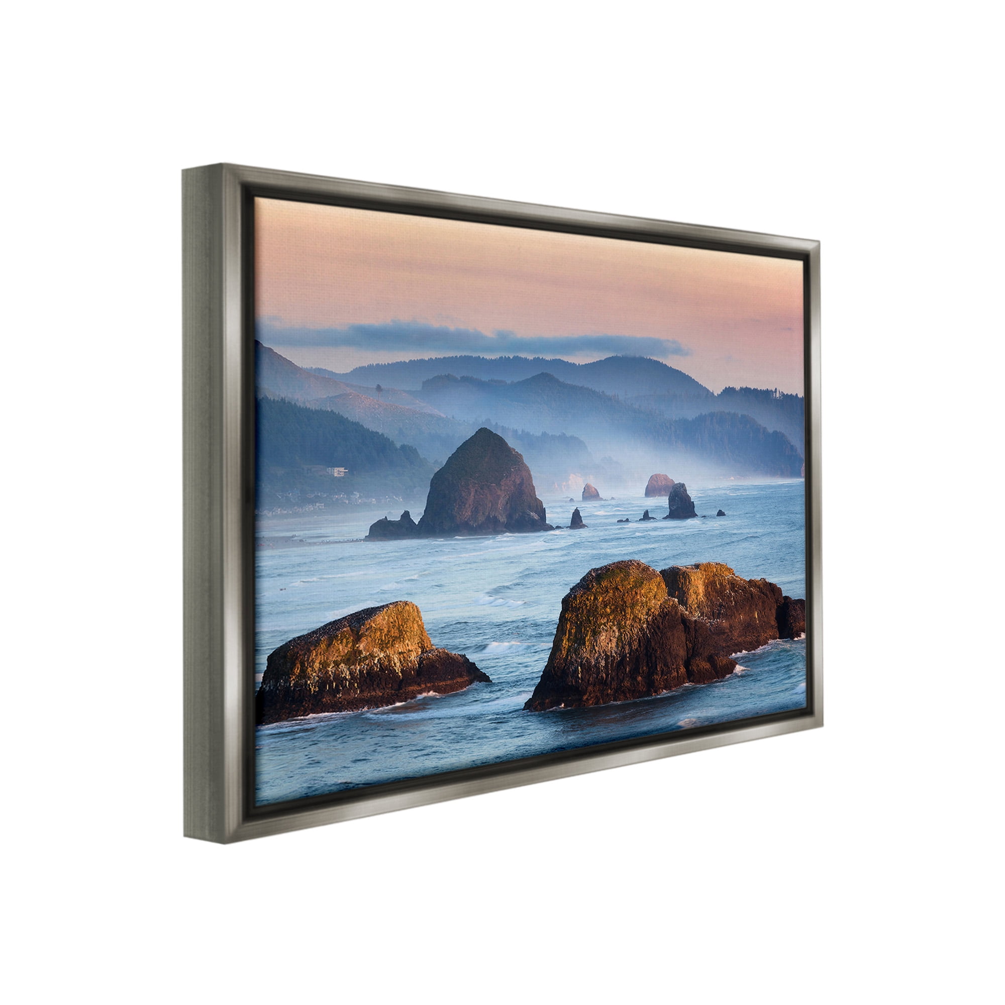 Stupell Industries Ocean Cliffs with Mountains Landscape Photography Gray Floater Framed Canvas Art Print Wall Art, 21 x 17