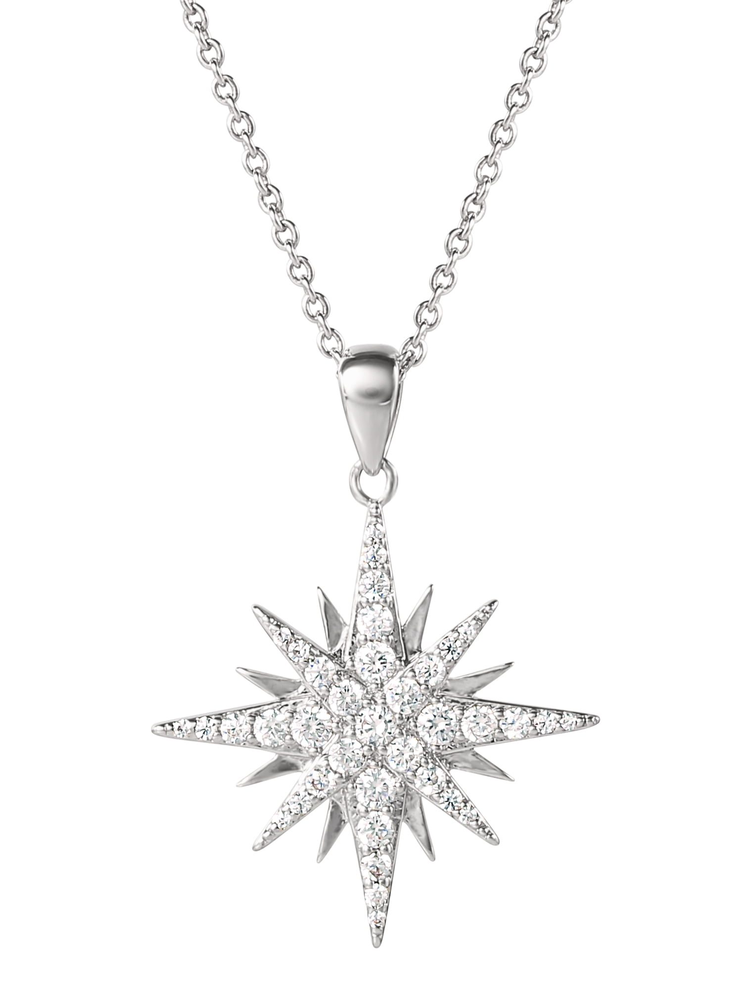 Fine Siver Plated Brass Cubic Zirconia Starburst Pendant, 18' + 2' Ext Chain