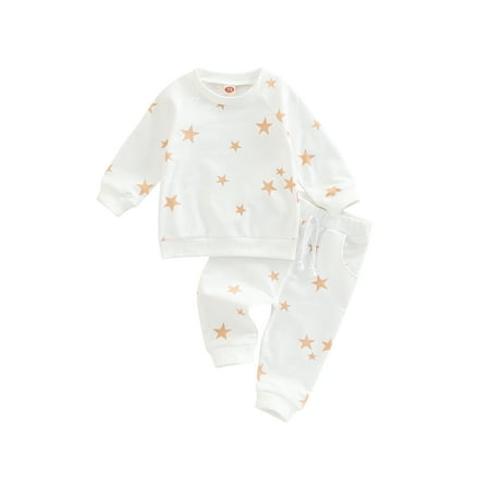 

jaweiwi 2 Pieces Baby Outfits Set for Girls Boys Star Print Round Neck Long Sleeve Pullover Tops + Long Pants Size 0 6 12 18 24 M 3 Years