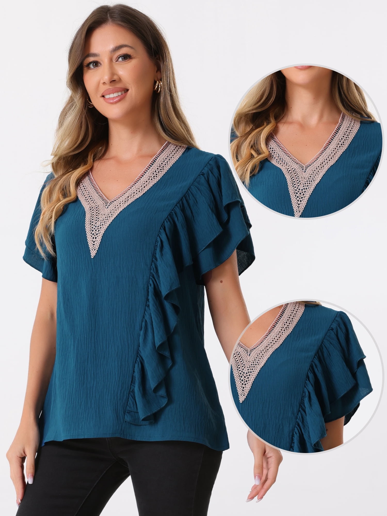 DARING DIVA Women's Ruffle Short Sleeve Elegant V Neck Blouse XL Dark Blue