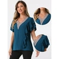 thumbnail image 2 of DARING DIVA Women's Ruffle Short Sleeve Elegant V Neck Blouse S Dark Blue, 2 of 6