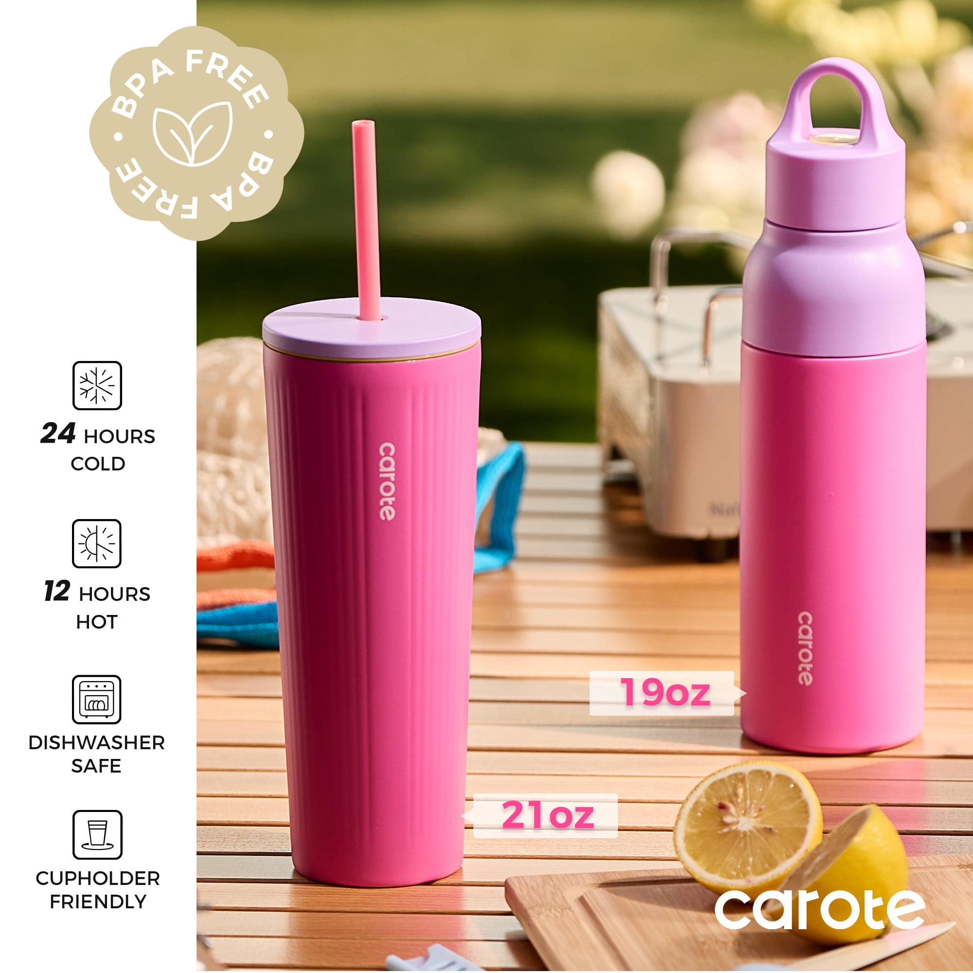 Carote 2-pack, 19 fl oz & 21 fl oz, Insulated Stainless Steel Highlight Series Water Bottles, Straw/Push, Pink