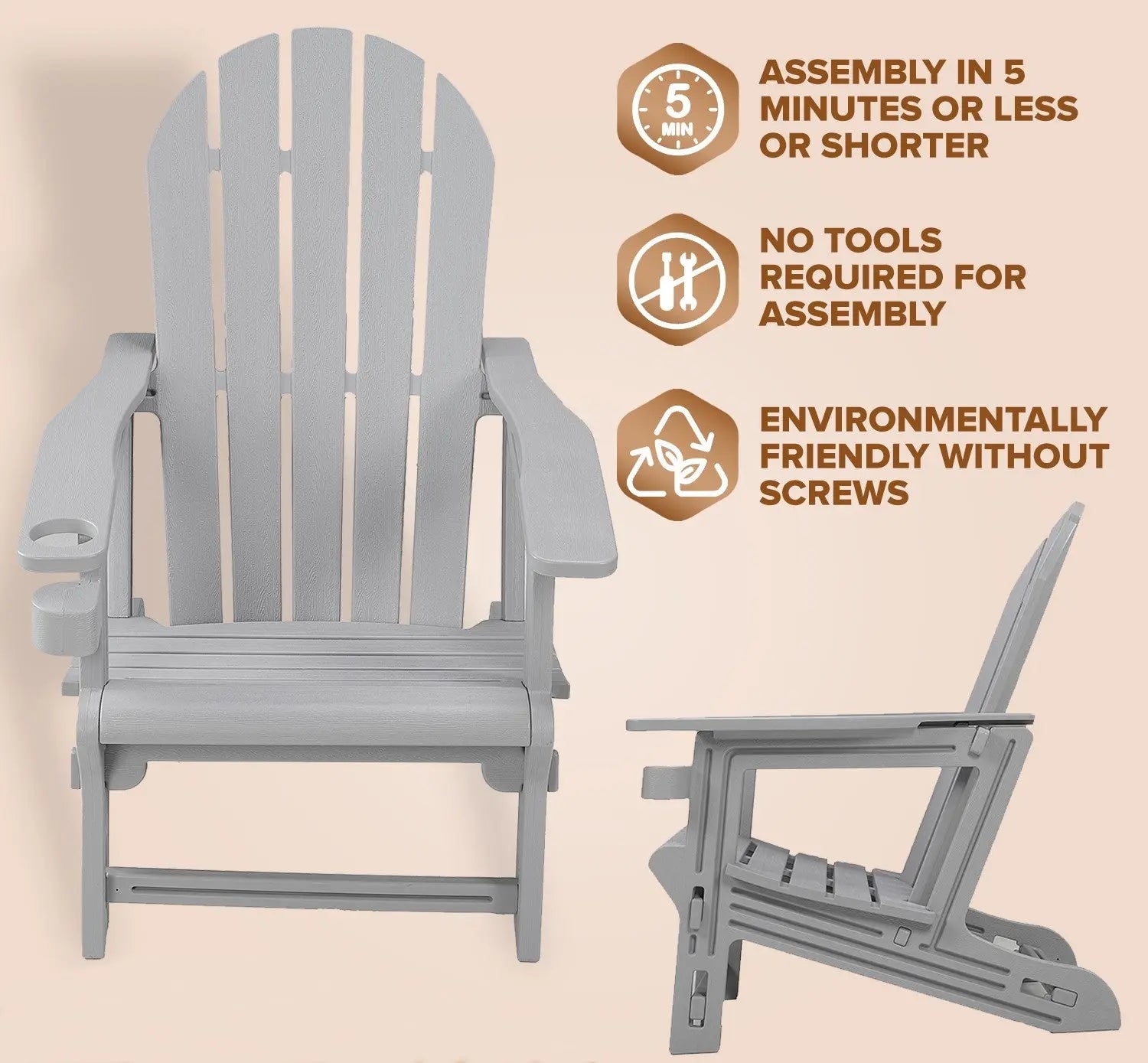 ENFIRE Adirondack Chair HDPE – Weather-Resistant, Tool-Free 5-Minute Assembly for Patio, Fire Pit, or Lawn Gray