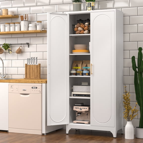 UNICOLY 75"H Metal Kitchen Pantry Cabinet,White Storage Cabinet with Door and Adjustable, Tall Pantry Cabinets,Modern Cupboard