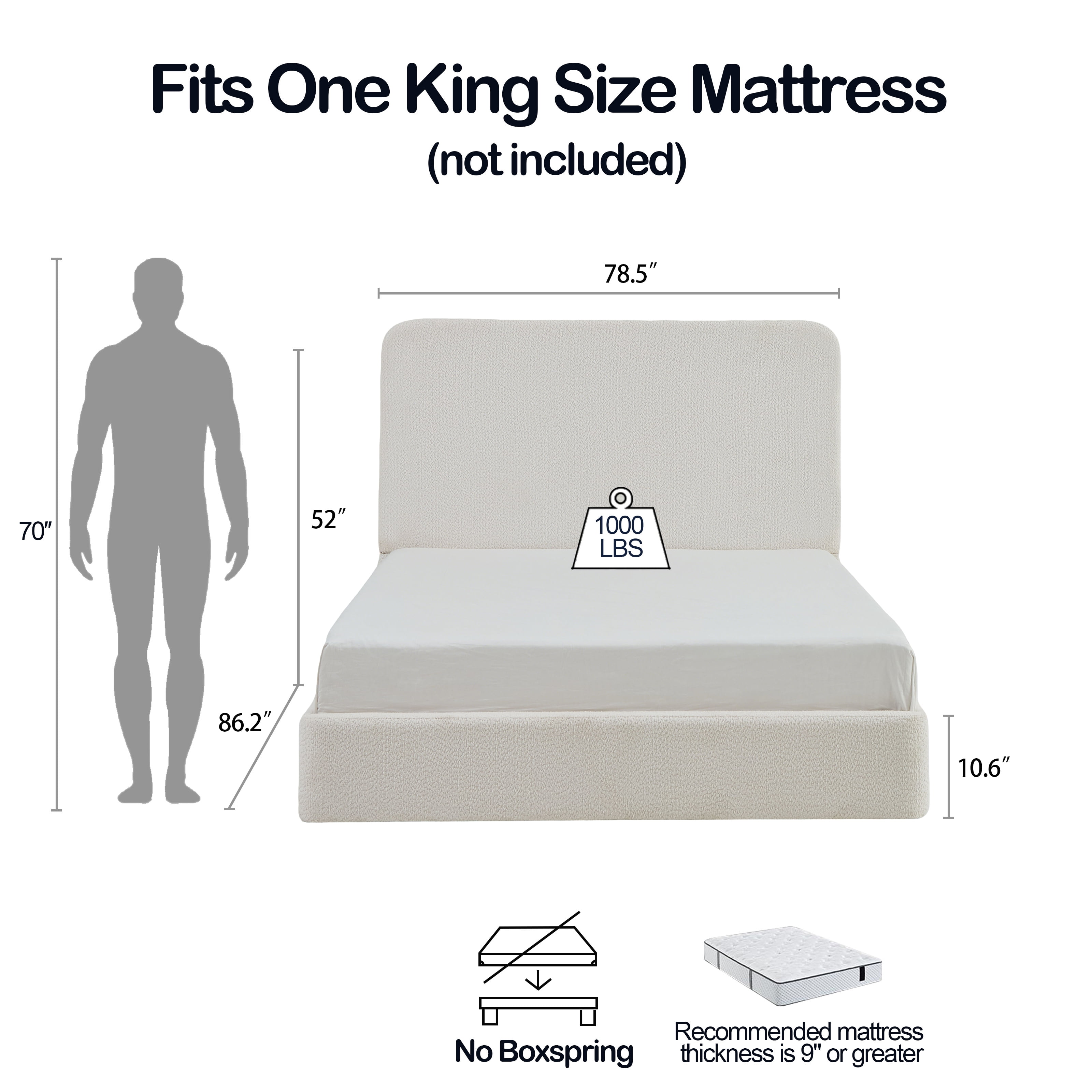 Miniyam King Upholstered Platform Bed Frame with 52" Tall Headboard, Chenille Bed with Wooden Slats, No Box Spring Required, White