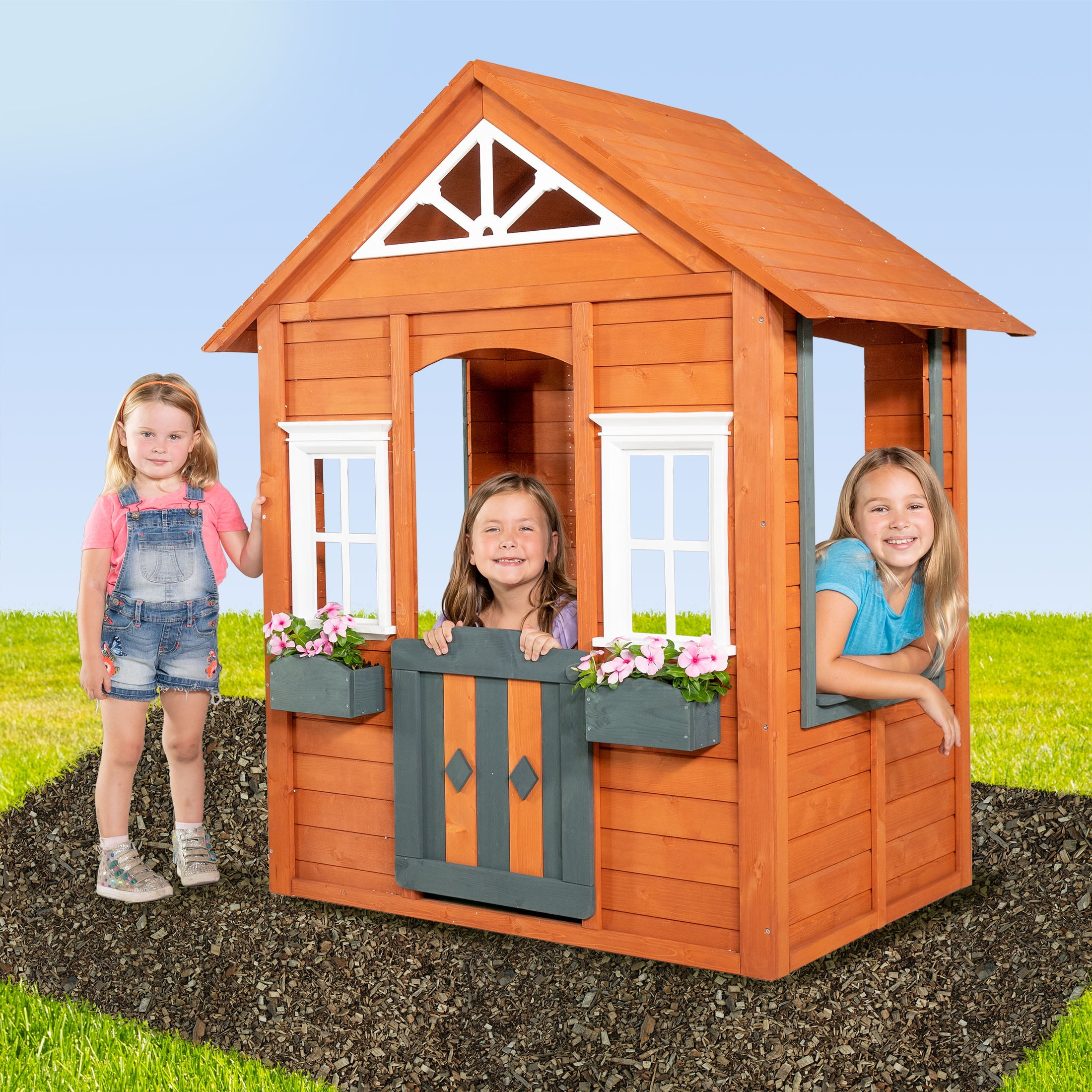 Sportspower Woodbridge Wooden Outdoor Backyard Playhouse with Flower Boxes Red 