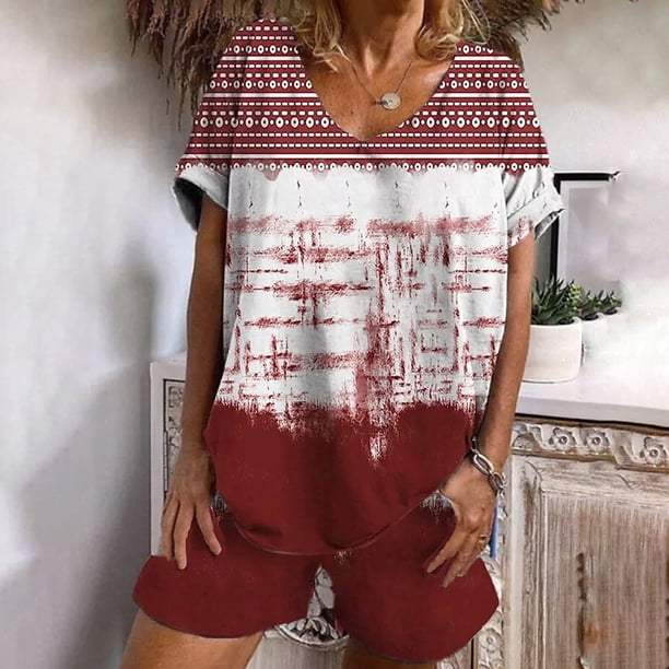 ICHUANYI Clearance 2PC Women Casual Summer Sports Suit Round Neck Print Short Sleeve Shorts Set(Red, M) ICHUANYI WER2023081001721