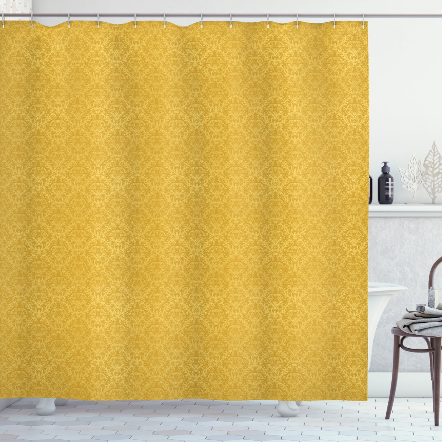 Yellow Damask Shower Curtain, Romantic Vintage Print of Stylized Plant