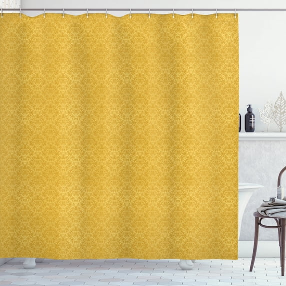 Yellow Damask Shower Curtain, Romantic Vintage Print of Stylized Plant Flowers Background, Fabric Bathroom Set with Hooks, 69W X 70L Inches, Earth Yellow and Pale Yellow, by Ambesonne