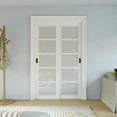 thumbnail image 2 of 48'' x 80'' Bypass Sliding Closet Door, 5 Panel Tempered Frosted Glass & White Smooth Paintable Frame, Pre-assembled Door Panels with Black Handles, 2 of 12