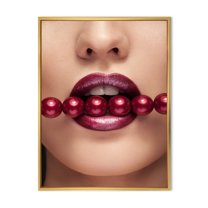 Designart 'Girl With Red Pearls In Mouth In A Sensual Pose' Modern Framed Canvas Wall Art Print