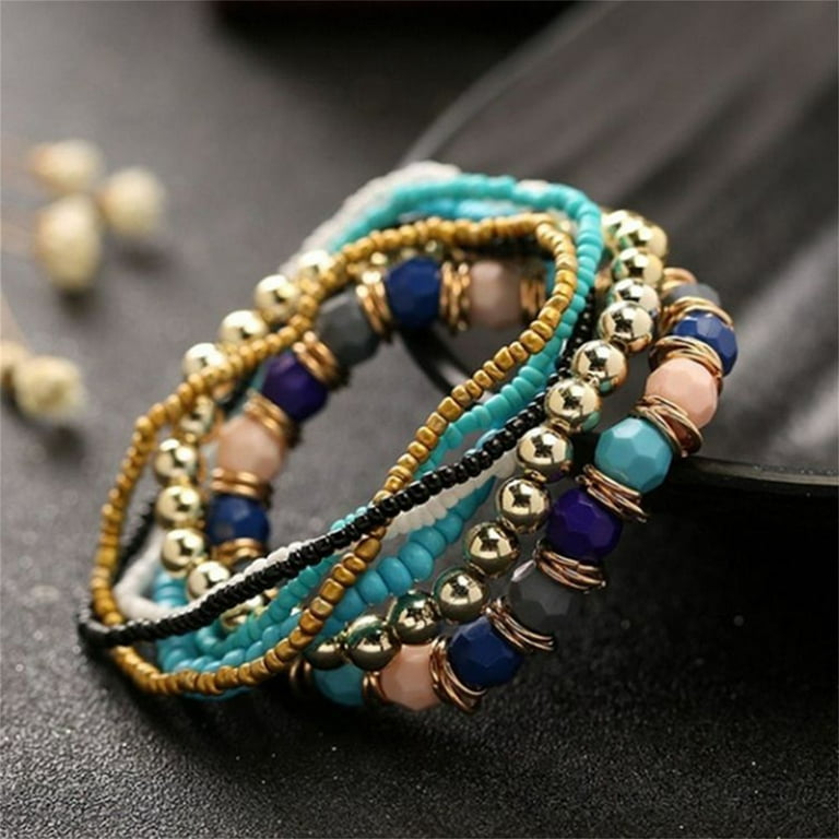 Besufy 7 Pcs/Set Adult Women Bracelet Boho Bohemian Mix Style Multilayer Elastic Beaded for Banquet Party, Women's, Size: One size, Green