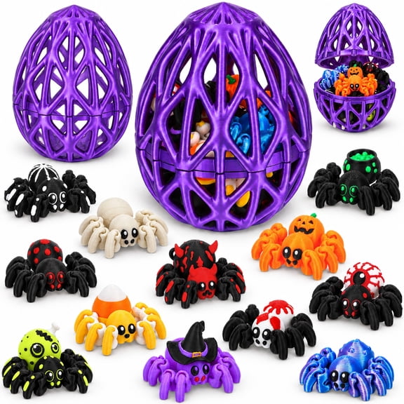 Miguan Halloween 3D Printed Spider Figurines with Purple Web Egg Basket, Assorted Mini Spiders, Spooky Party Favors, Tiered Tray Decor, Tabletop Decorations and DIY Crafts