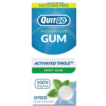 QuitGo Nicotine-Free Gum to Help Stop Smoking, Stop Vaping and Quit Nicotine, Mint, 10 Ct