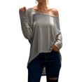 thumbnail image 1 of Women Round Neck Asymmetrical Hem Solid Color Long Sleeve Loose Tee Shirt, 1 of 6