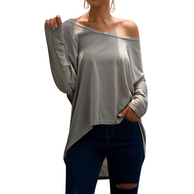 Women Round Neck Asymmetrical Hem Solid Color Long Sleeve Loose Tee Shirt