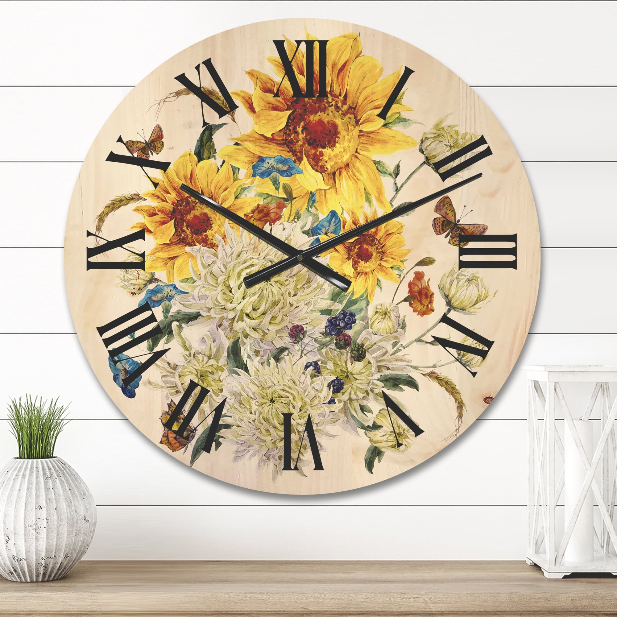 Designart 'Ancient Chrysanthemums and Sunflowers' Traditional Wood Wall Clock