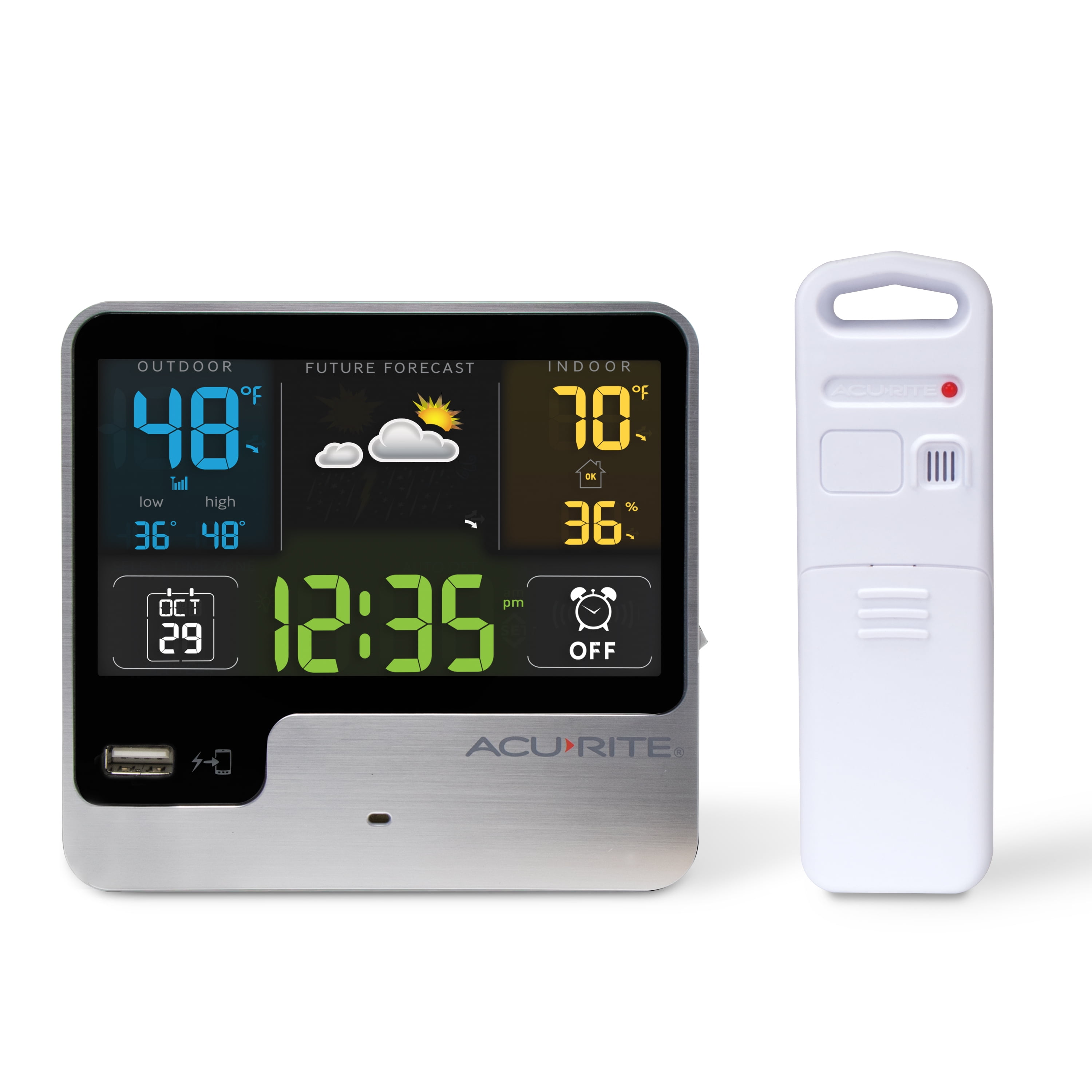AcuRite Intelli-Time® Alarm Clock Weather Station with Indoor and Outdoor Temperature, Indoor Humidity, Hyperlocal Forecast, Calendar, and USB Charging Port (01129M)