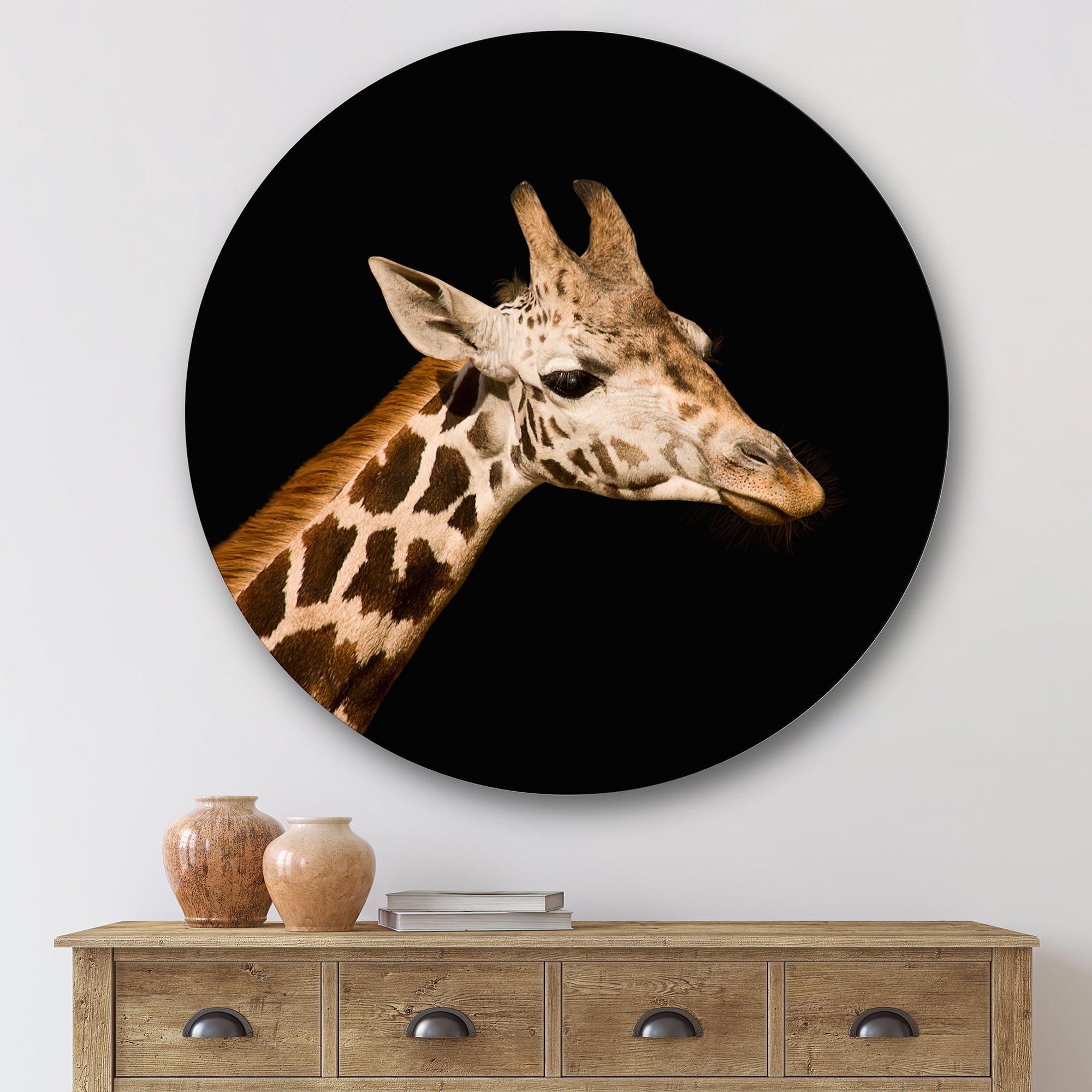 Designart 'Close Up Portrait Of A Giraffe On Black IV' Farmhouse Circle Metal Wall Art 29x29 - Disc of 29