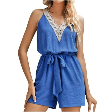

Boho Jumpsuit for Women Crochet V Neck Tie Waist Cotton Linen Summer Beach Jumpsuits Sleeveless Short Romper Onesie