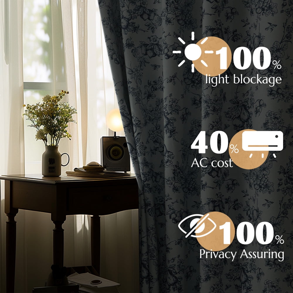 CURTAINKING Blackout Curtains 63 Inches Long, Printed Floral French Farmhouse Curtains for Bedroom Living Room Back Tab Thermal Insulated Window Drapes, 2 Panels Blue