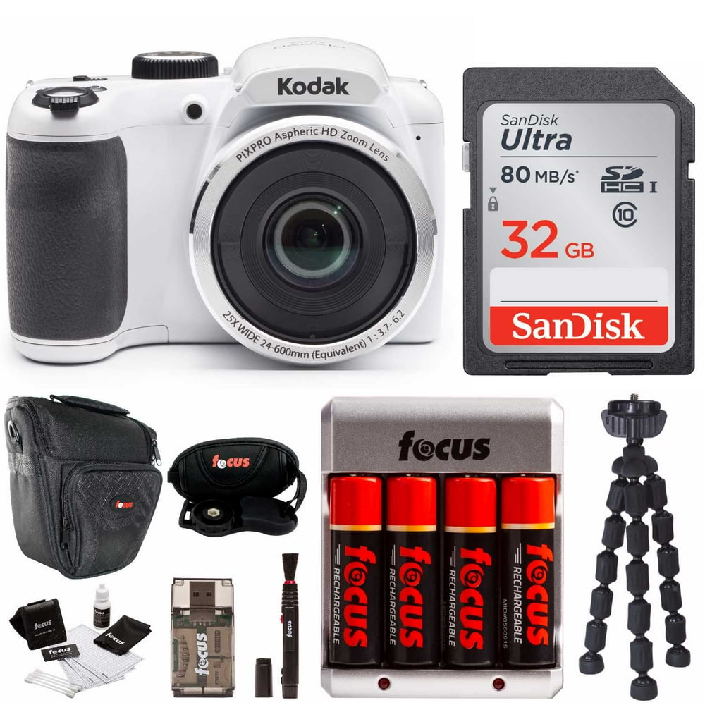 Kodak PIXPRO AZ252 Digital Camera (White) with 32GB SD Card and Battery