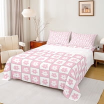 Castle Fairy Vintage Flower Girl 3pcs Twin Sheet Sets,Pink White Plaid Twin Fitted Sheet,Old Fashion 80S Breathable Flat Sheet,Lightweight Room Decor
