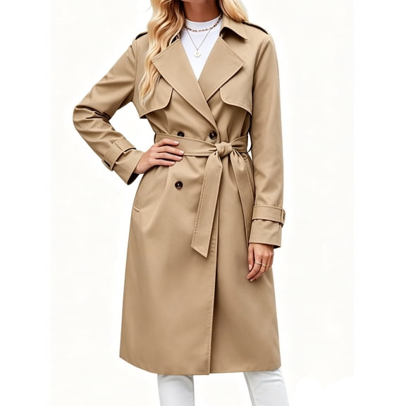 Double Breasted Women Solid Color Casual Long Trench Coat with Belt