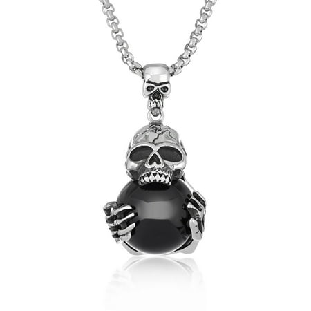 Crowned Skull Pendant - Antiqued Stainless Steel Black Orb Skull Pendant (30mm Wide)