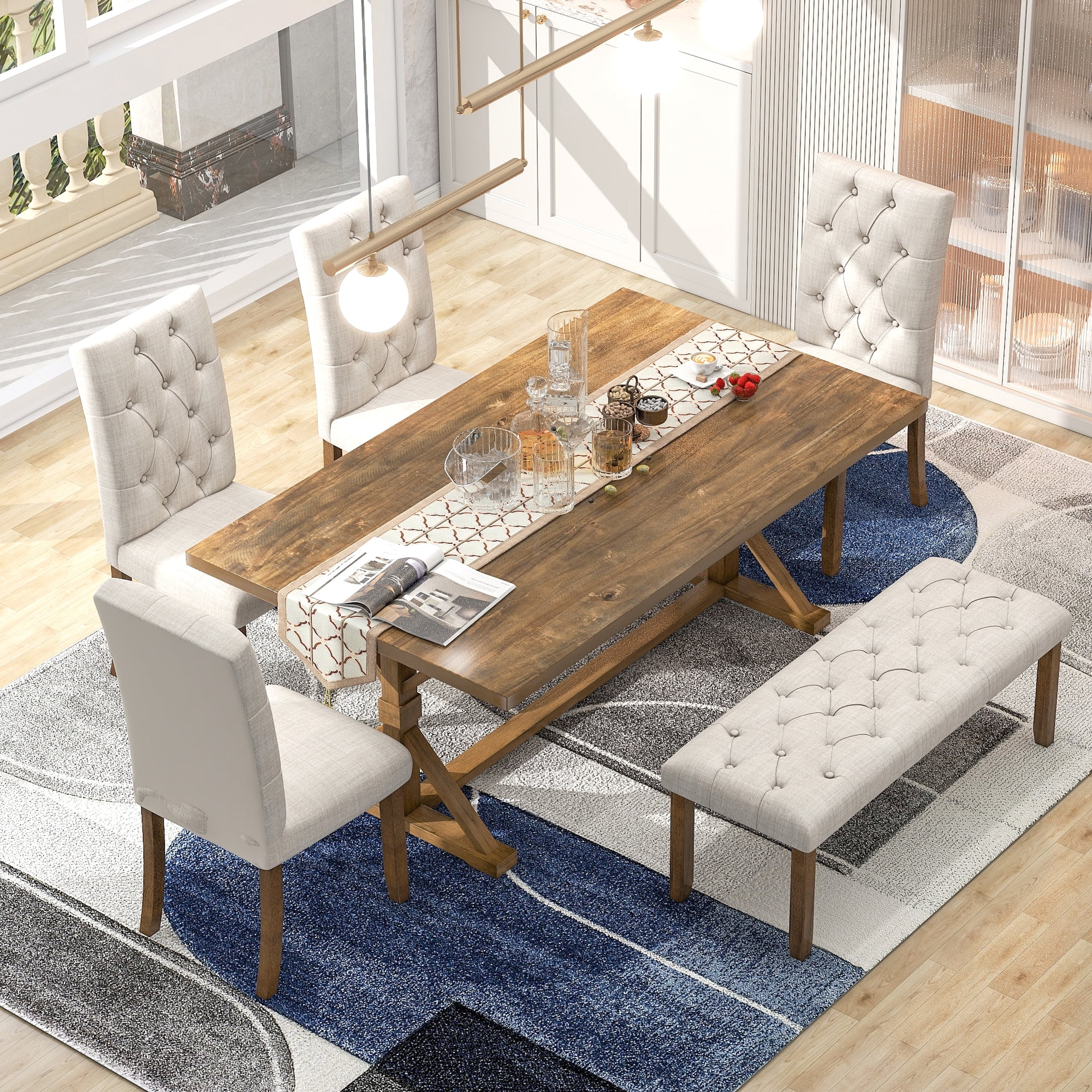 Howcool 6-Piece Farmhouse Dining Set, 72" Rectangular Wood Table, 4 Upholstered Chairs & Bench, Walnut