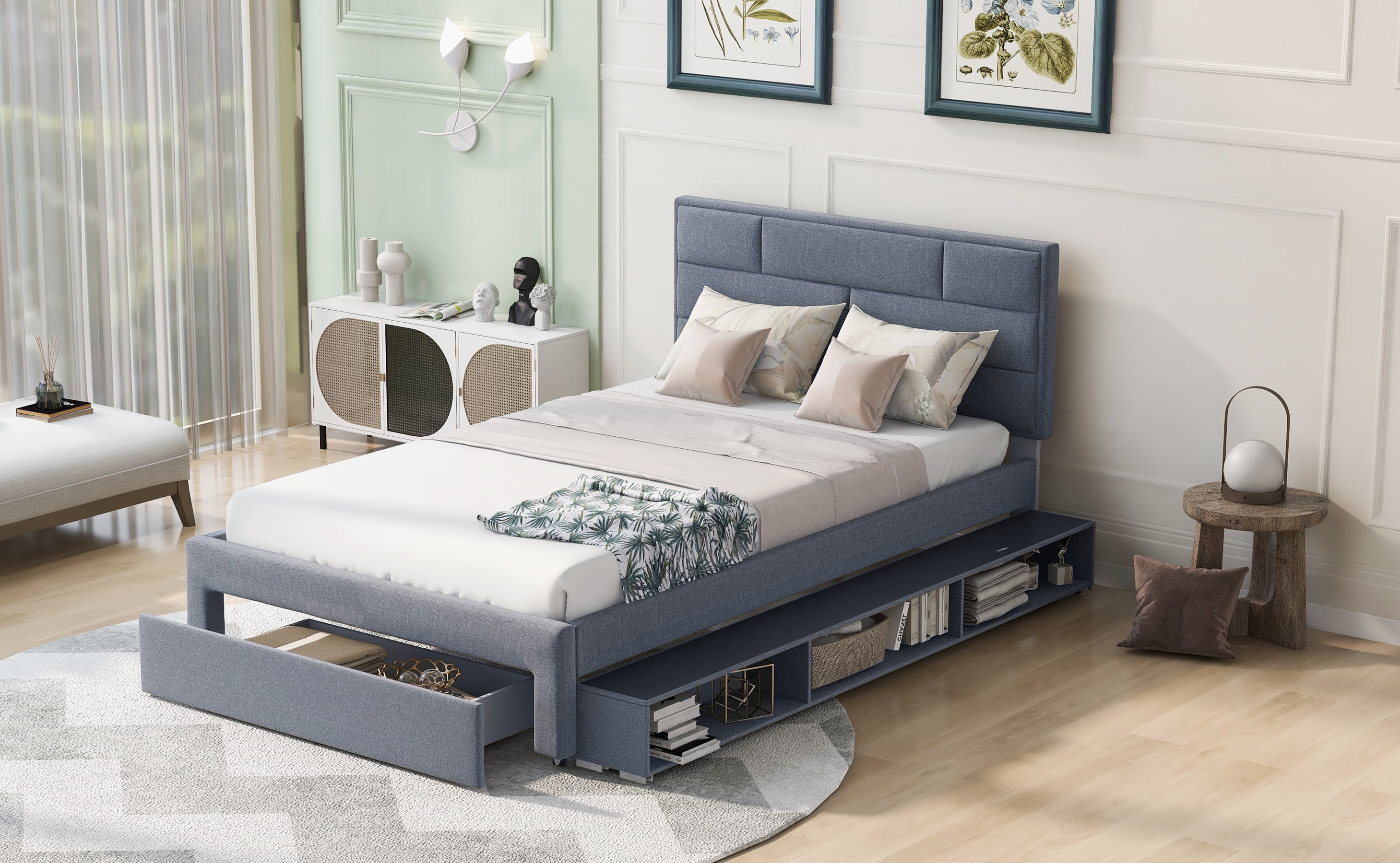 Full Size Linen Upholstered Platform Bed with a Drawer and Shelves for Kids Bedroom, Gray