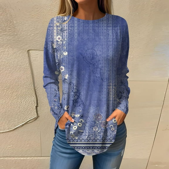 QUNYINEY Crew Neck T Shirts for Women Long Sleeve Floral Casual Blue Tops Drop Shoulder Loose Irregular Hem Pullover T-Shirts