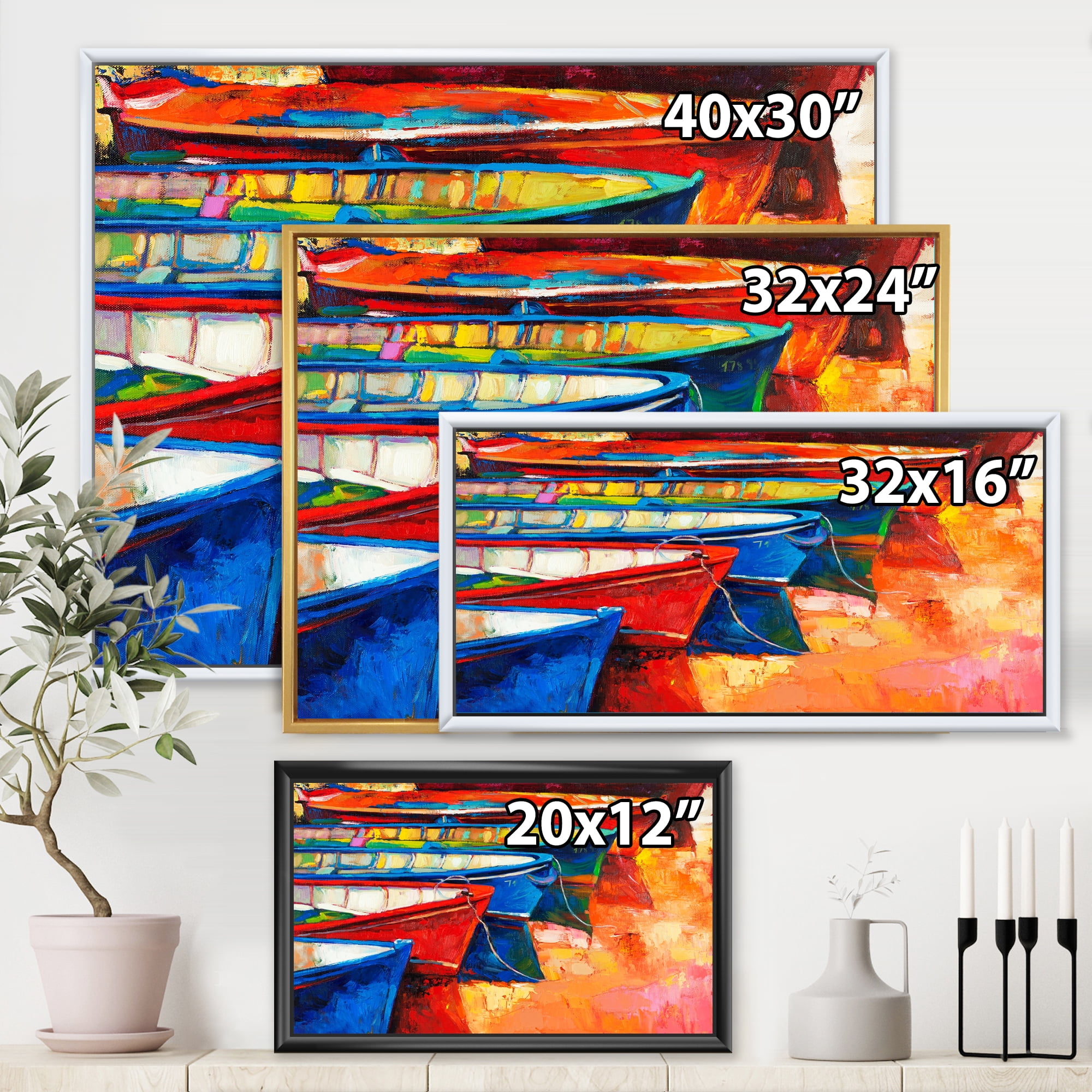 Designart 'Boats During Warm Colourd Sunset In The Harbor II' Nautical & Coastal Framed Canvas Wall Art Print