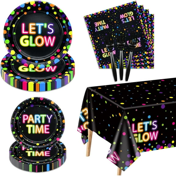 Glow in The Dark Party Supplies - Include Glow in The Dark Plates, Napkins and Fluorescent Tablecloths for Glow Party Supplies Black Light Neon Party Decorations, Serve 20