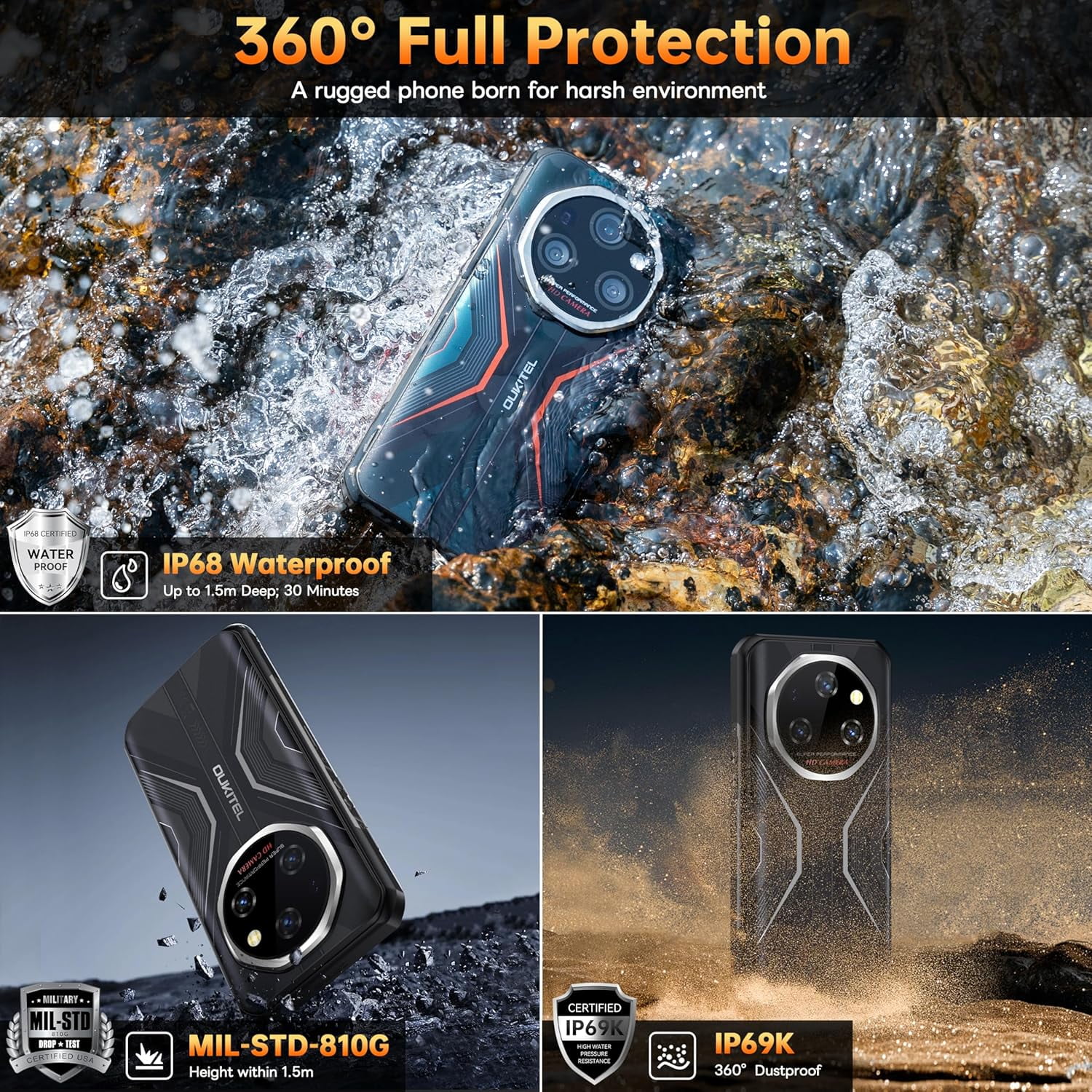 OUKITEL WP55 Pro 5G Rugged Smartphone Unlocked Android 15-48GB+512GB/2TB Rugged Cellphones, 6.6''FHD+Display 108MP Rear Camera 11000mAh(33w) Battery Waterproof Mobile Phone, IP68/IP69K/NFC