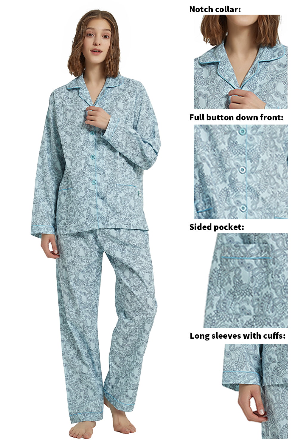 GLOBAL Womens 100% Cotton Pajamas Set Womens PJs Drawstring Sleepwear for  Women 