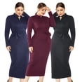 thumbnail image 3 of Women Plus Size Long Sleeves Bodycon Maxi Long Dress Stand Collar Half Zip Up Ribbed Knitted Tie Waist Sweater Clubwear, 3 of 21
