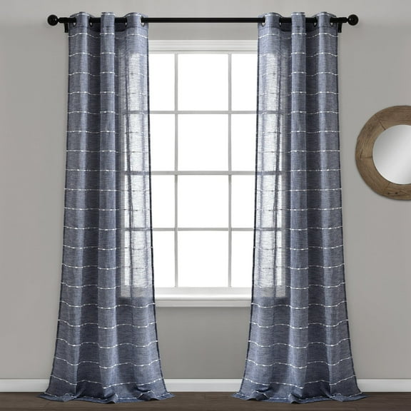 Lush Decor Farmhouse Textured Grommet Sheer Window Curtain Panels Navy 38X120 Set