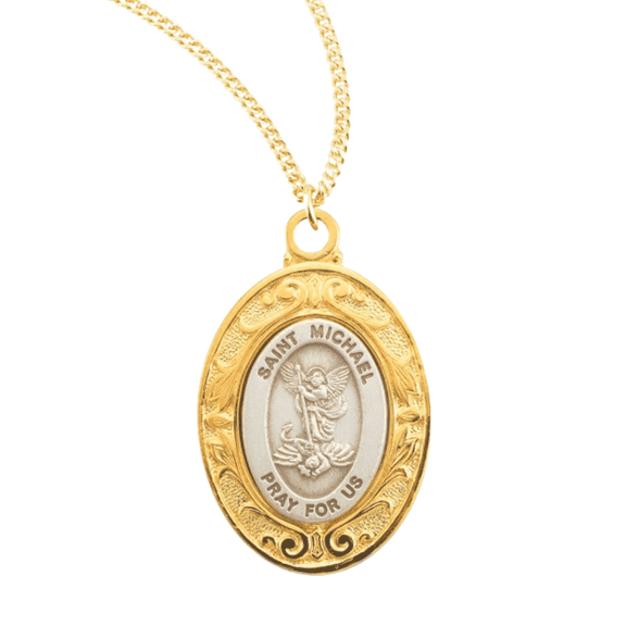 16kt Gold Plated Sterling Silver Saint Michael Medal – Archangel Michael Defeating the Devil – 18" Gold Plated Stainless Steel Chain Necklace – Made in USA - Deluxe Velvet Gift Box