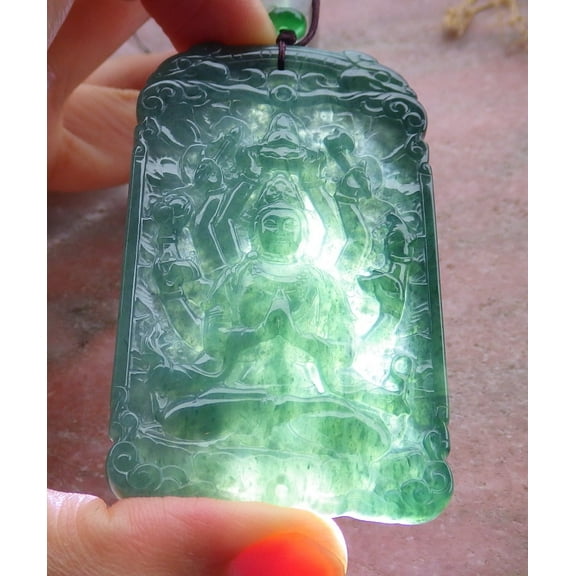 Certified Icy Green Burma 100% Natural A Jade jadeite Pendant 1000 Hand Guanyin Kwan Yin Lotus Flower Necklace 670022 TN