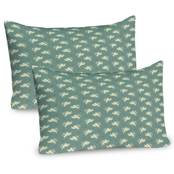 Ambesonne Green Pillow Sham 2 Pack, Greek Love Cupid, 26"x20", Jade Green Purple Cream