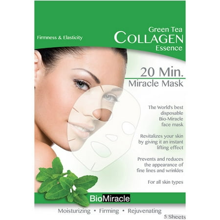 BioMiracle Green Tea Collagen Essence Face Masks, 5 count