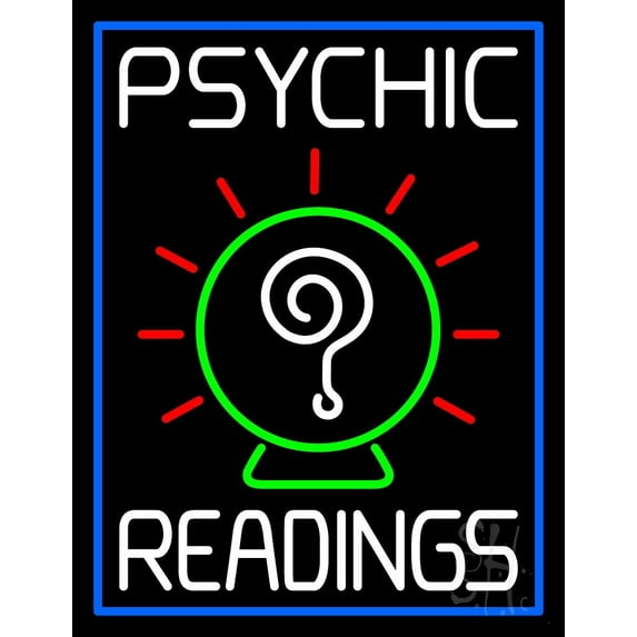White Psychic Readings With Border LED Neon Sign 31" Tall x 24" Wide - inches Black Square Cut Acrylic Backing, with Dimmer - Bright and Premium built indoor LED Neon Sign for Storefront.