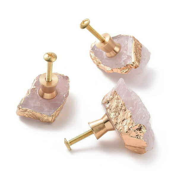 3pcs Natural Rose Quartz Drawer Knob with Brass Findings and Screws Cabinet Pulls Handles for Drawer Doorknob Accessories Nuggets 35~45x25~35mm